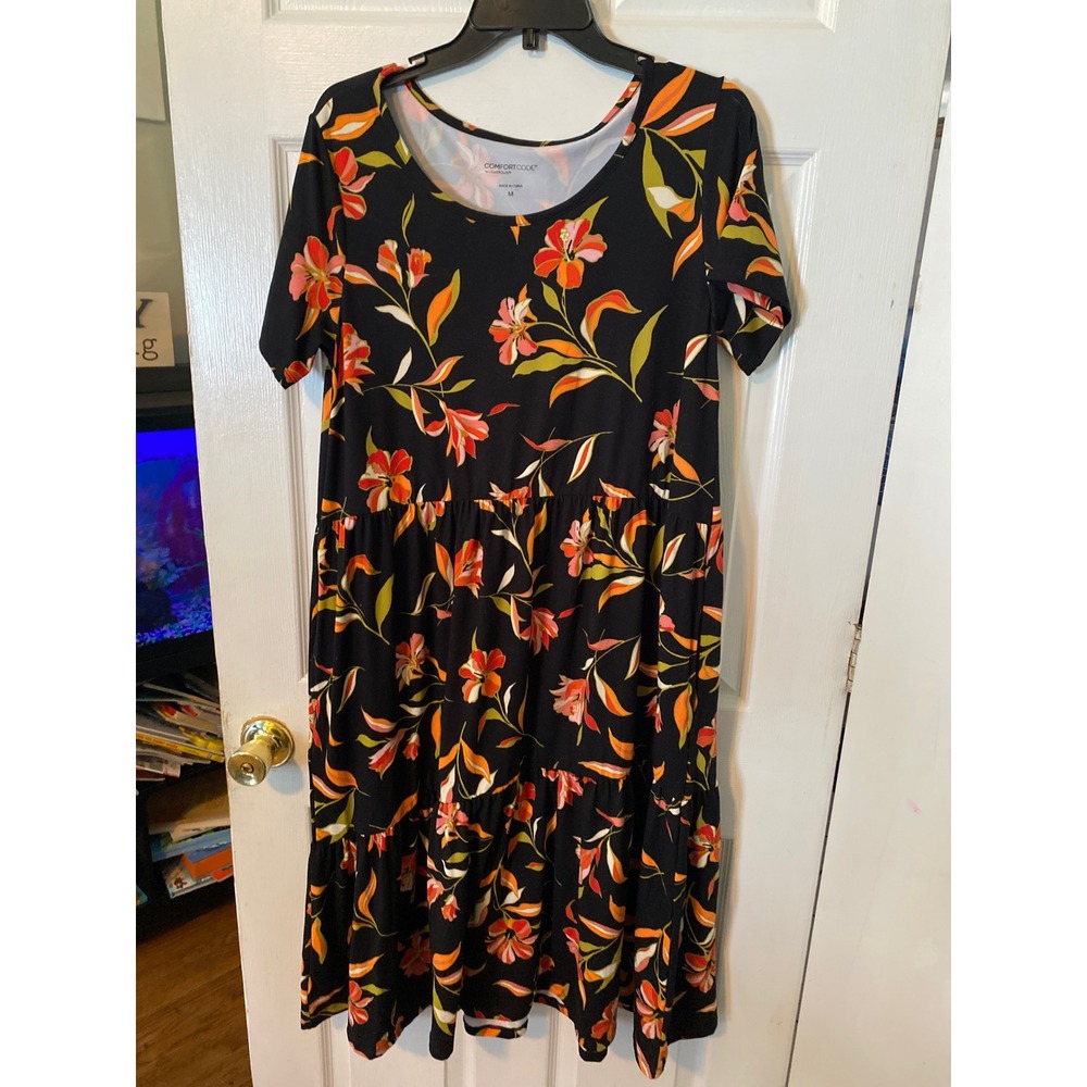 Comfort Code by Cuddl Duds Black Floral Tiered‎ Midi Dress Short Sleeve Medium